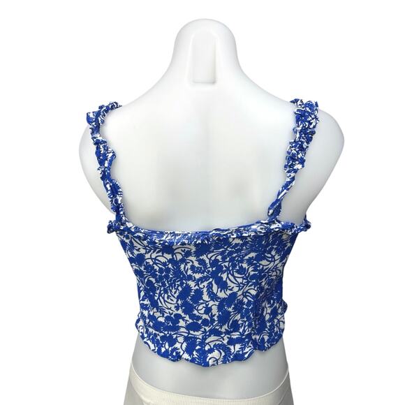 Zara Blue Floral Print Lace Up Tie Sleeveless Ruffle Strap Crop Tank Top Size S - Picture 6 of 9